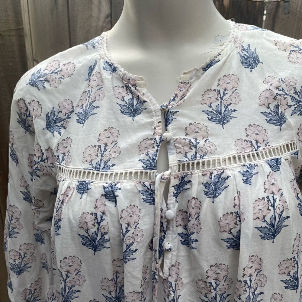 Zara Maxi Dress Block Print Boho Flowy Long Sleeves Floral Cream Blue Pink S - Picture 13 of 16